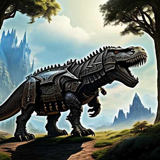 T-rex with armor and a laser gun in fantasy style