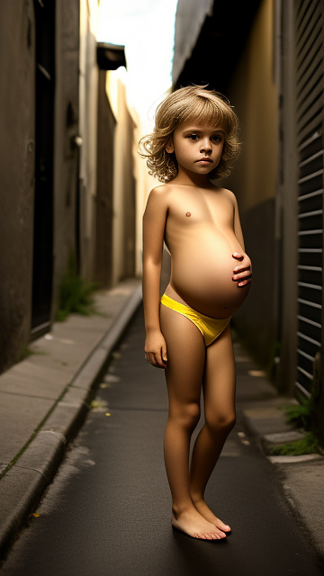 Pregnant, 7-years-old-white-boy, yellow underwear, alleyway, full body, topless, in custom style