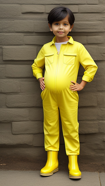 Realistic, pregnant, 7-years-old-boy, yellow jumpsuit, yellow boots  in custom style