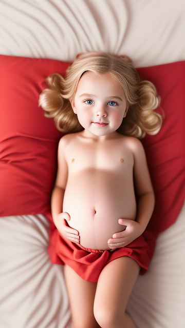 Realistic, detailed, 6-year-old blonde girl, in red peach dress, pregnant, laying in bed, top down full body view, red blush, right hand on belly   in custom style