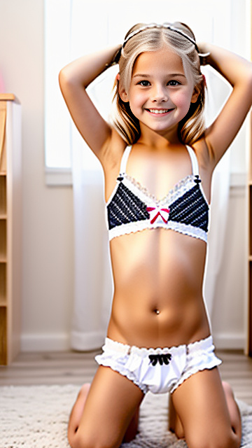 White cute smiling white 8 year blonde girl,  hands behind head, slutty underwear, bra, on knees, 8 year old body  in custom style