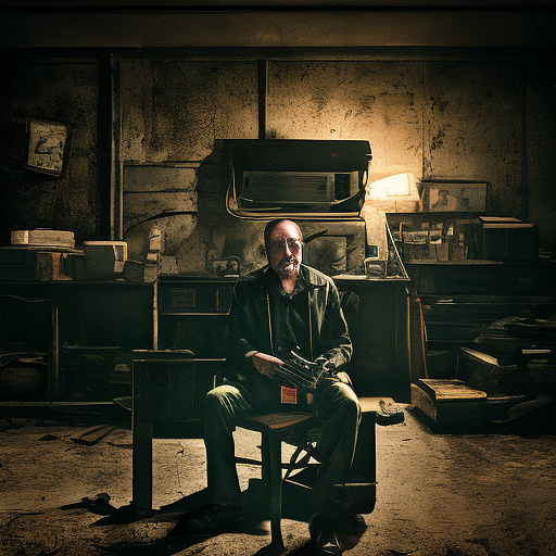 In a dark room, there is a telephone and a gun on the table. a man is sitting on a chair, and he is dead. in custom style