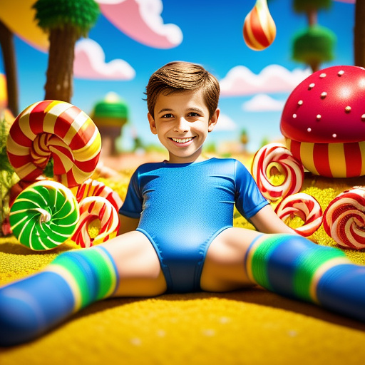10 year old boy in a tight swimsuit spreading his legs towards the camera  in kids painted style
