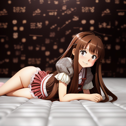 A girl wearing a chocolate dress lying on a mattress full of chocolate. in anime style