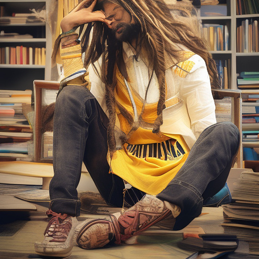 A black rastafarian is sitting on his desk, smiling happily. in custom style