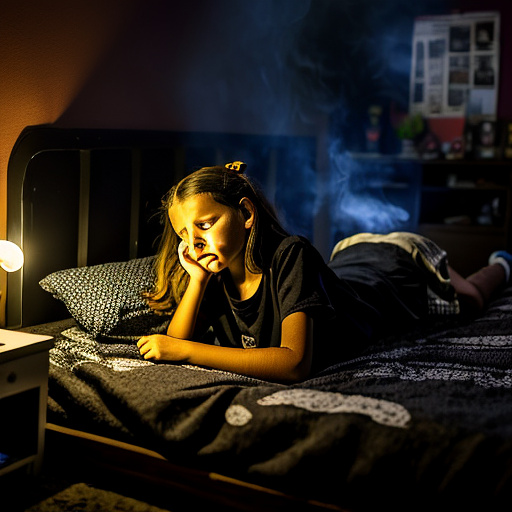 The room is dark, smoky and a mess, the bed is broken. there is an ashtray with an outstanding cigarette on the table. a 13-year-old girl is lying on a bed and crying. in custom style