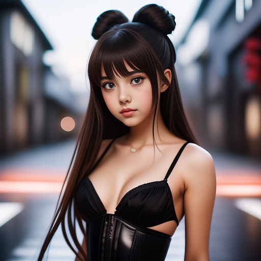  13 year old, teen girl in tight black corset, realistic photograph, underage nonude, sexy, brunette, tight hair bun, sexy little girl, white glue drops on her chest and face in anime style