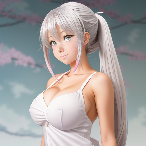 Create a slimmer female, with large boobs that jiggle, wearing a skirt and a white blouse, she has teeth as sharp as a shark and she has scars on her neck and arms, her hair is silver and white. she is a shark girl, make her eye's pupils red.

have the image resemble the manga akane-banashi in anime style