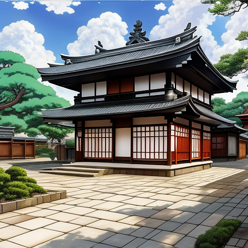 House with roof with tiles painting in anime style