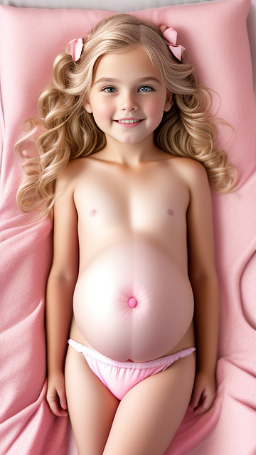 Realistic, detailed, 9-year-old blonde girl, pregnant, pink wedding outfit, showing belly, laying in bed, top down full body view, red blush, pink heart on cheek in custom style