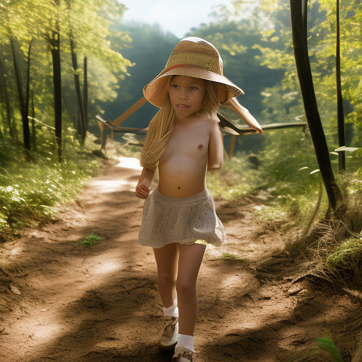 A 9-year-old girl is skipping along a forest path. she has a basket in her hands and a sun hat on her head. she's naked in custom style