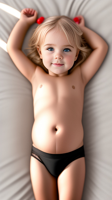 Realistic, detailed, 4-year-old blonde girl, in black underwear, pregnant, laying in bed, top down full body view, blushing, hands on belly   in custom style