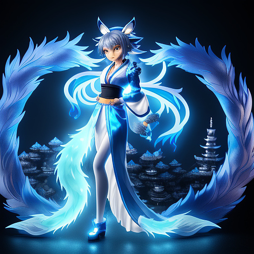 A kitsune woman with grey fur and blue glowing tails surrounded by blue glowing ghost flames in anime style