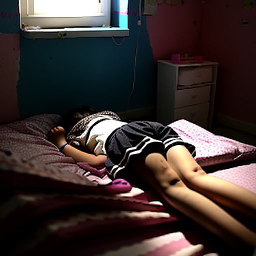 A 13-year-old girl is lying on a bed and crying. the room is dark and messy, the bed is broken. in custom style