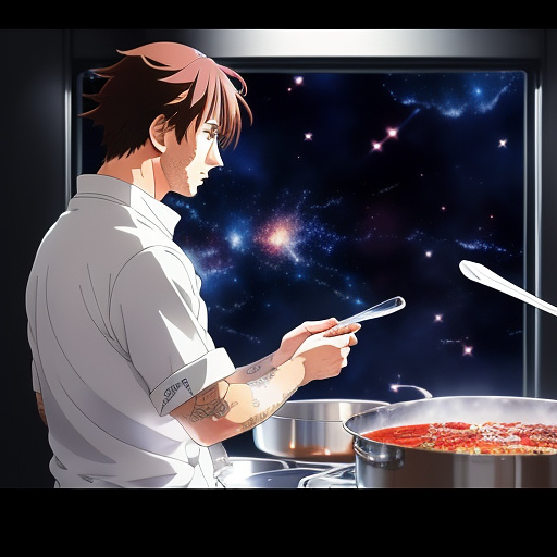 Messi while cooking in space in anime style