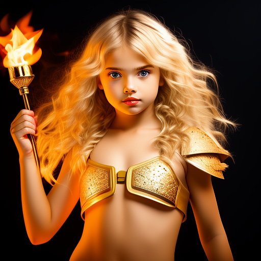 Girl blond cute angel with shield and flaming fist in custom style