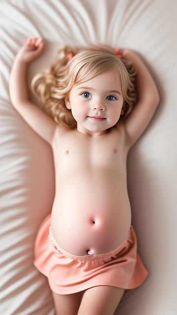 Realistic, detailed, 4-year-old blonde girl, in light peach dress, pregnant, laying in bed, top down full body view, red blush, right hand on belly   in custom style