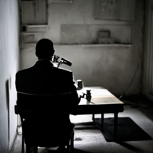 In a dark room, there is a telephone and a gun on the table. a man is sitting on a chair, and he is dead. in custom style