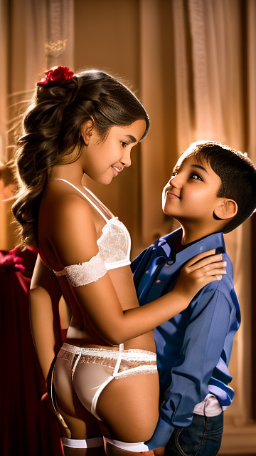 A romantic moment between a childhood couple. the grade-6 sexy hot girl, wearing her garter belt, does sandungueo dance with the grade-6 boy. in custom style