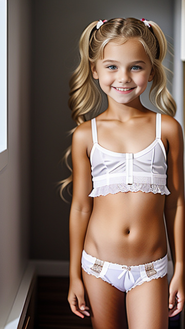 White, blonde, smiling, girl 7 years old, brassiere, slutty unwear, in custom style