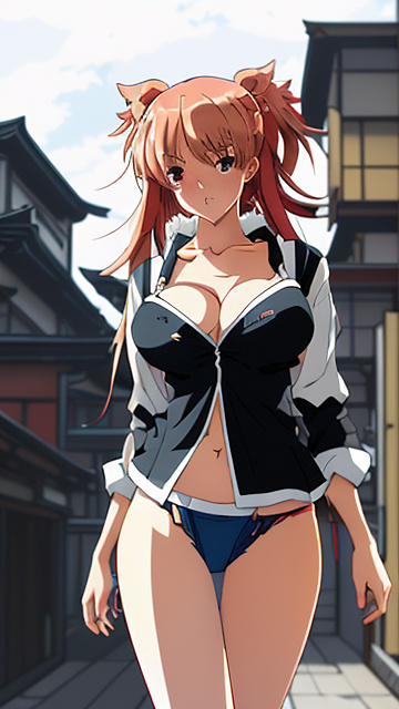 Hot girl, front facing, very large chest, very big breasts, tight shirt with a boob window, mini skirt, facing forward, thin face, skinny, ripped clothes, cleavage, looking forward, seductive face, boobs covered in anime style