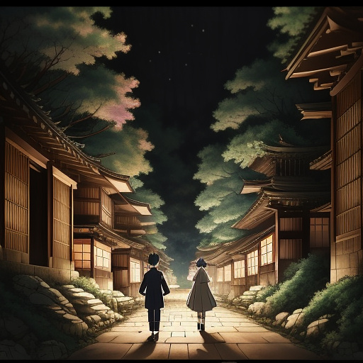  one male and one female prisoner holding hands running through barracks into a dark forest 1930's  in anime style