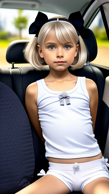 A thin blonde 9 years old in a school uniform and white children's panties, with short white hair, she languidly lies in the car in the back seat, her legs are spread apart, bows on her head in disney painted style