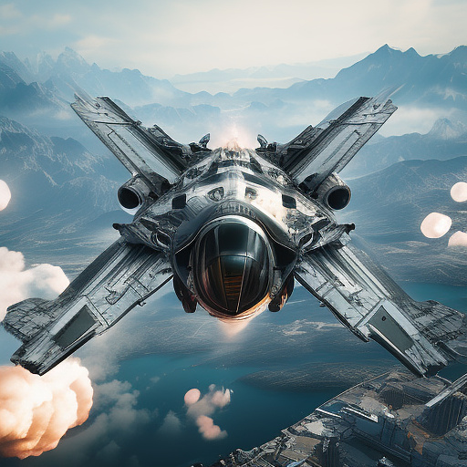 An airplane is flying. people are falling out of it. in sci-fi style