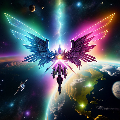 A cheerful transformer flies through space against the backdrop of planets. in angelcore style
