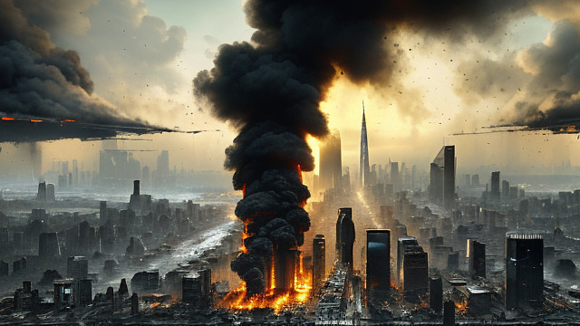 A sky scrapper, pock-marked with craters and falling debris is surrounded by a smashed and burning city. in sci-fi style