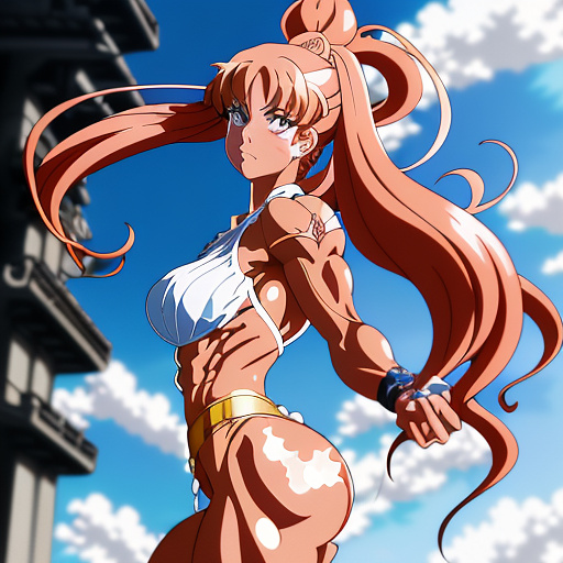 Muscular evil female villain flexing in triumph in anime style