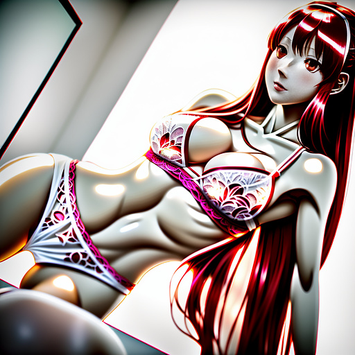Red head women. long hair. happy. large breasts. full body image. white see-through tank top. pink sexy panties. detailed image. in anime style