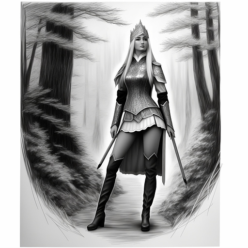 Modest elven fantasy heroine
white hair
forest ranger
knee high boots
fantasy guardian in pancil style