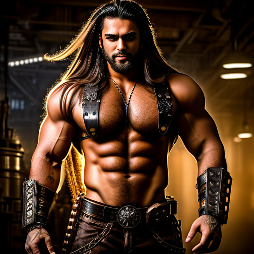 Muscle bara stud
long hair
beard 
huge pecs
huge chest
broad shoulders in steampunk style