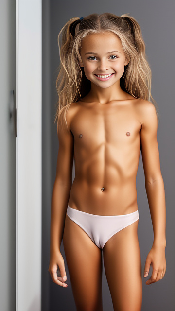 10 year old girl, naked, smiling, skinny, lean, strong abs, small hips, legs behind head in custom style