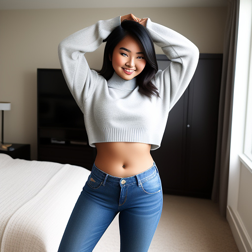 Sexy curvy asian college student with her arms up and in a very loose long sleeve cropped sweater and long jeans pants and showing her belly and standing in the bedroom in custom style