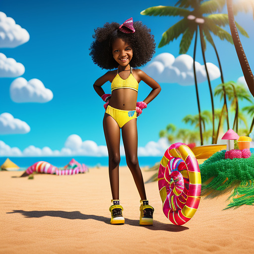 12 year old black girl wearing a gold yellow shiny bikini thong, curly black hair, full body, beach background in kids painted style
