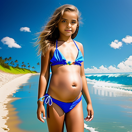 Preggo 12-year-old girl of 69 weeks ,beach day,beatiful girl,blue bikini,belly button,alba line in custom style