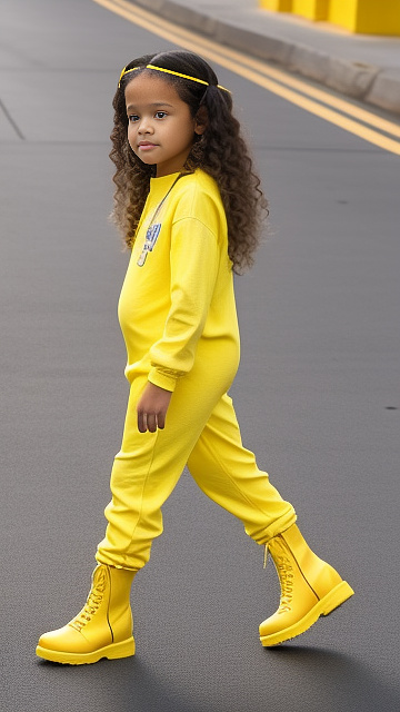 7-years-old, jenna ortega, pregnant, yellow jumpsuit, yellow boots,  in custom style