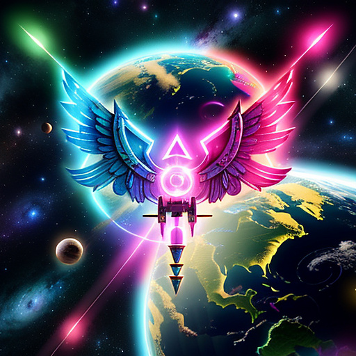 A cheerful transformer flies through space against the backdrop of planets. in angelcore style