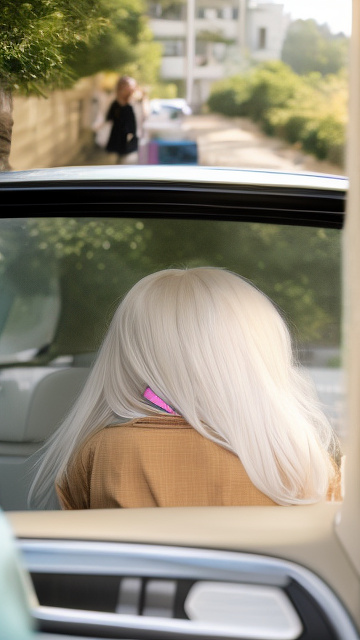 A 7-year-old girl with white hair is in a car in a school uniform without panties. rear view. in custom style
