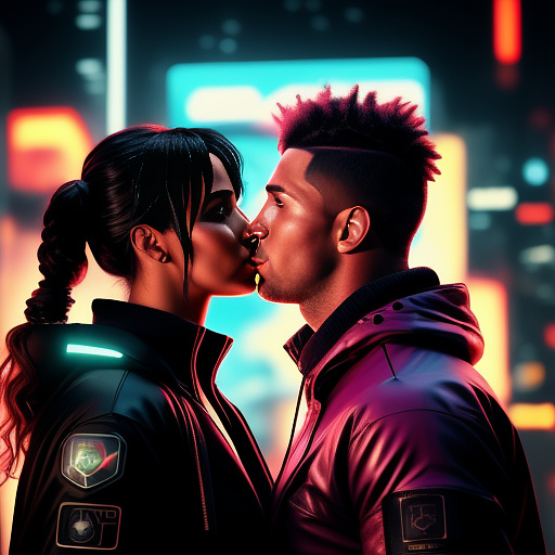 Messi and ronaldo kissing in cyberpunk style