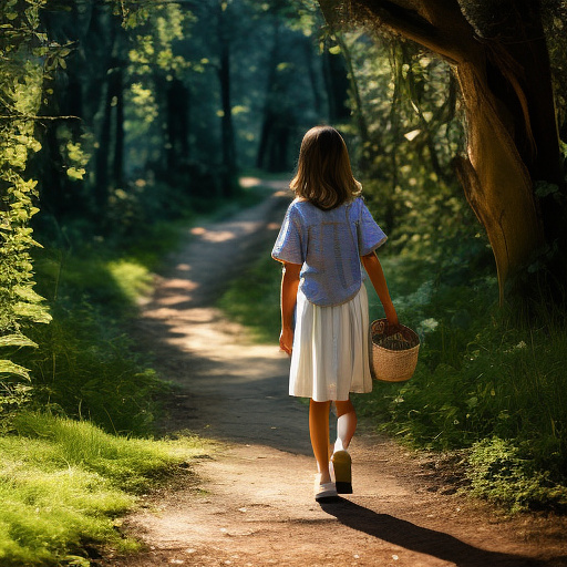 A 9-year-old girl is walking along a forest path. it's evening. she has a basket in her hand. view from behind. in custom style