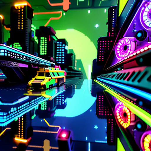 Make a spaceship that looks like a schoolbus in cyberpunk style