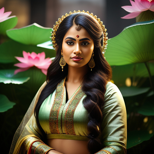 A very beautiful indian realistic lady full size image, here both 2 hands has lotus flowers. she is looking very attractive, charming and curvy body. she is wearing lot of ornaments.  in realistic style