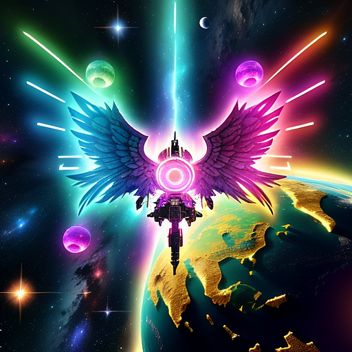 A cheerful transformer flies through space against the backdrop of planets. in angelcore style