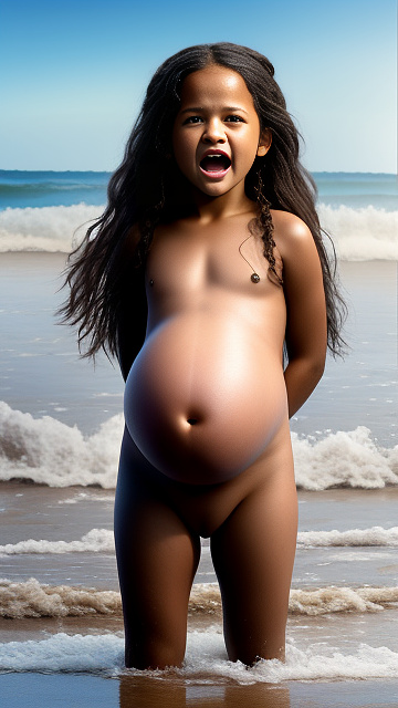 Realistic, pregnant, 7-years-old-girl, jenna ortega, beach, naked body, screaming face, birthing, long hair in custom style