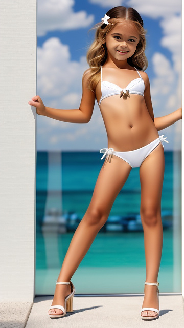 Cute, very busty, 9 year-old, white bikini, high heels in custom style