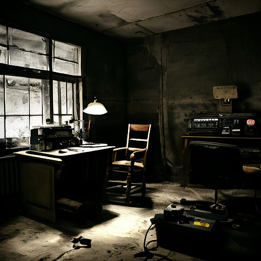 In a dark room, there is a telephone and a gun on the table. a man is sitting on a chair, and he is dead. in custom style