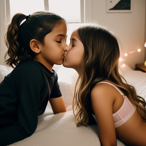 A romantic moment between a childhood couple in a cozy bedroom. the 11-year-old sexy hot girl, wearing a light, stylish bras and yoga pants, shares a gentle kiss with her 11-year-old boyfriend.  in custom style